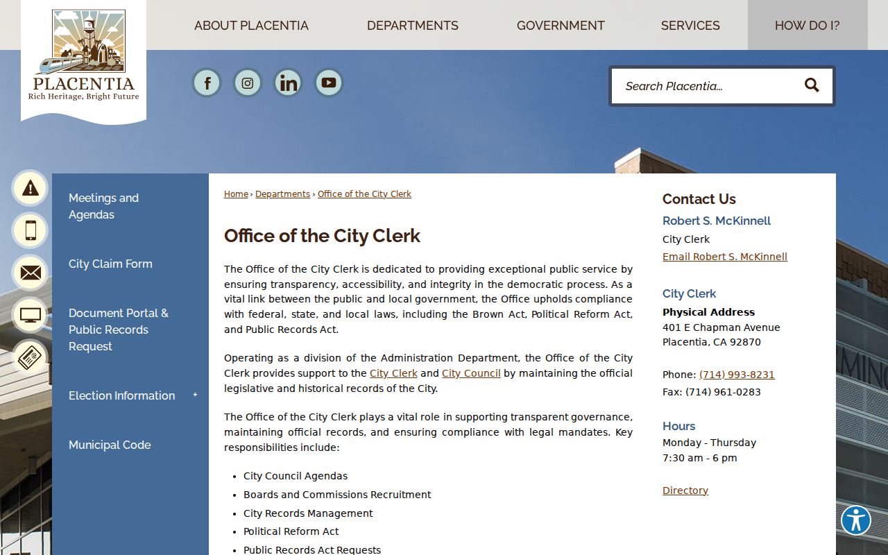 Placentia residents directory City Clerk records page