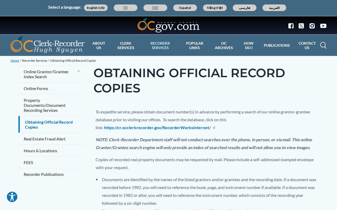 Placentia previous residents official Orange County record copies