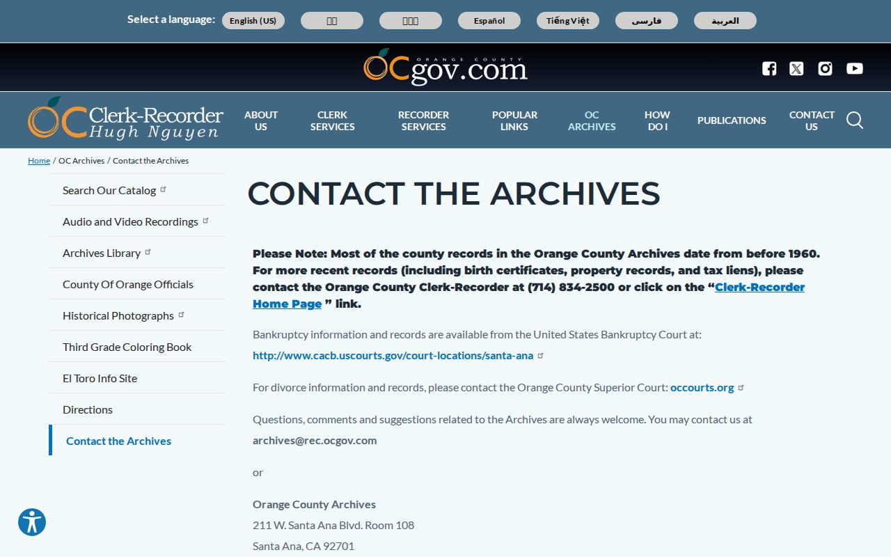Placentia previous residents Orange County Archives contact