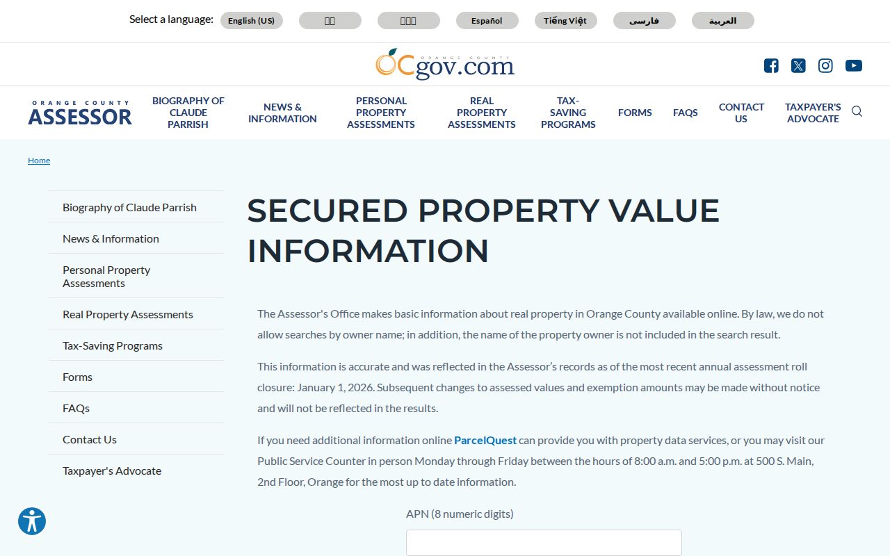 Placentia street directory Orange County APN property search